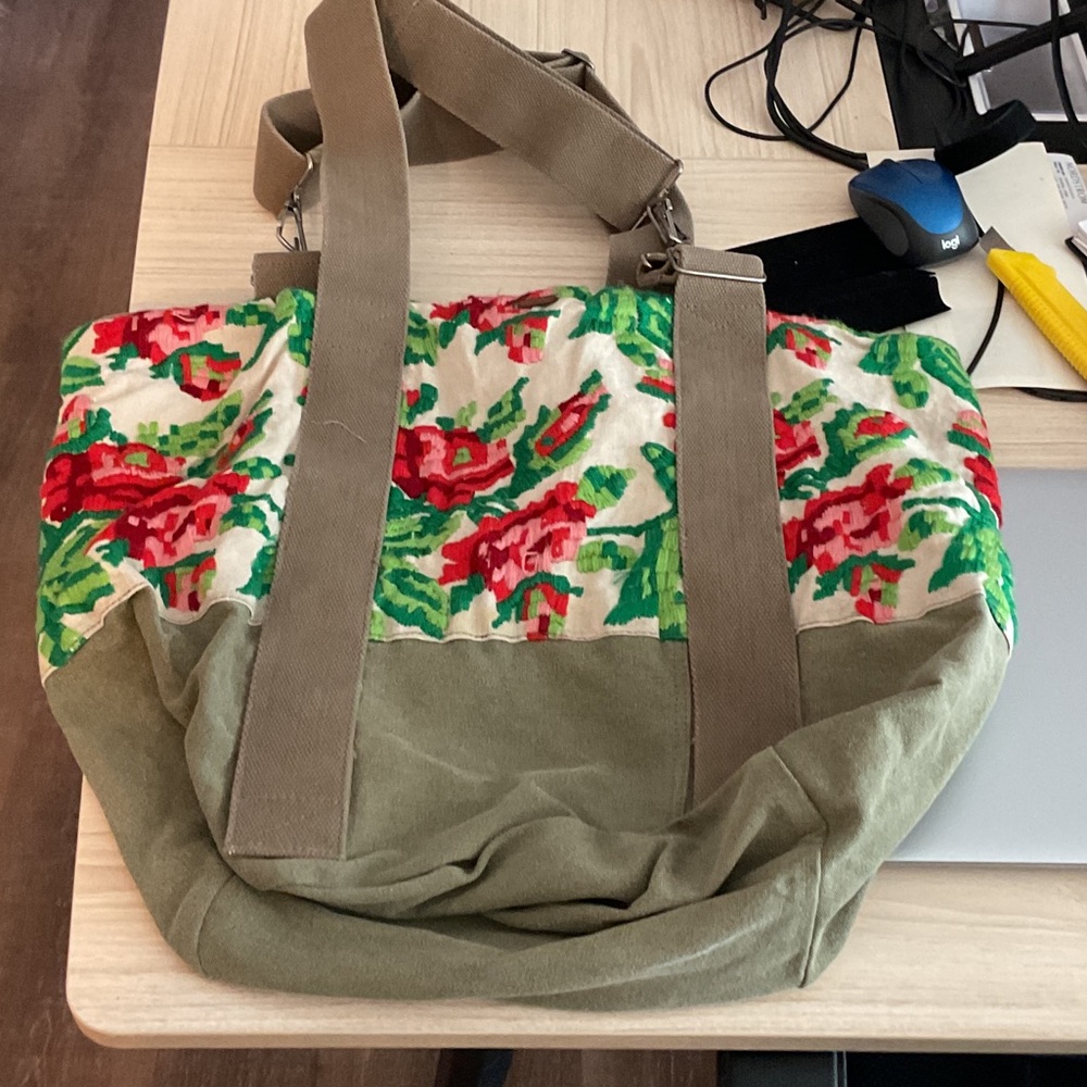 Free People Floral Canvas Tote in Red and Green